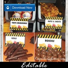 construction birthday party printables for boys and girls, including chocolate covered pretzels