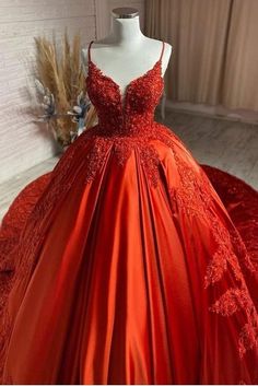 Charming Spaghetti Straps V Neck Aline Wedding Dress Orange Floral Appliques Spaghetti Strap Wedding Dress, Aline Wedding Dress, Wedding Dresses With Straps, Princess Wedding Dress, Red Ball, Beautiful Figure, Satin Wedding Dress, Gown Prom, Ball Gowns Prom