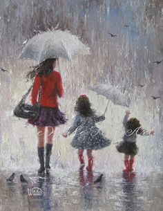 an oil painting of three children walking in the rain holding umbrellas with birds flying overhead