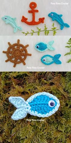 crocheted fish, anchor and steering wheel are on the ground next to each other