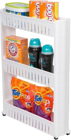 three tiered storage rack with drinks and snacks