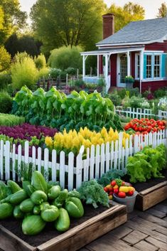 a garden filled with lots of vegetables next to a white picket fence and red house