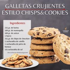 a stack of chocolate chip cookies next to a white plate with the words galletas cruiientes esttio chips & cookies