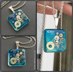 four different pictures of the same necklace and watch movement on it's glass case