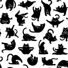 black and white silhouettes of cats in various positions, including one sitting on the floor