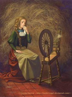 a painting of a woman sitting in front of a spinning wheel with hay behind her