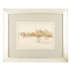 a watercolor painting of a house on the shore