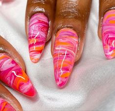 Fushia And Orange Nails, Pink Nail Designs With Glitter, Nail Designs Glitter Ombre, Pink Orange Nails Summer, Pink And Orange Acrylic Nails, Pink Orange Swirl Nails, Orange And Pink Nail Designs, Pink Orange Marble Nails, Nail Designs With Glitter