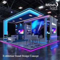 an exhibition stand design concept with chairs and tables