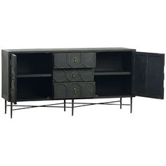 the sideboard is black and has three drawers on one end, two doors on the other