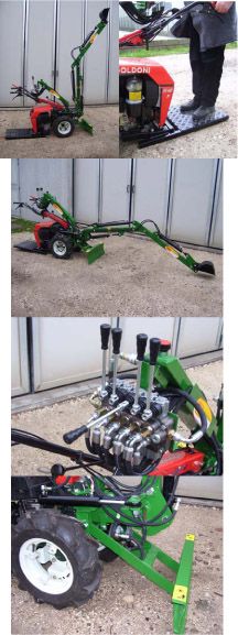 four different views of a tractor with the engine attached to it's rear end