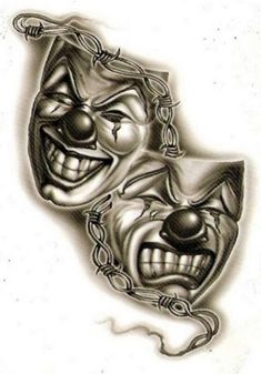 a drawing of two clown faces with chains around them