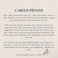 a piece of paper with writing on it that says,'career prayer dear god, please lead the way show me which route to take my career