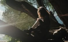 a woman sitting on top of a tree next to a lake