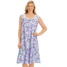 A Cool, Comfortable Fit And Beautiful Design Make This Knit Nightgown An Instant Favorite. The Sleeveless Floral Print Gown Has Pretty Lace And Pintuck Detail At The V-Neckline, A Button Placket And Is Finished With A Ruffle Detail At The Tiered Hemline. Machine Was. Polyester & Cotton; Imported. Approx. 40"L. Choose: Pink, Mint, Lilac Or Blue. Available In: M(10-12), L(14-16), Xl(18-20) Or Xxl(22-24). Sleeveless Purple Dress For Loungewear, Purple Sleeveless Dress For Loungewear, Purple Sleeveless Loungewear Dress, Purple Sleeveless Lounge Dress, Casual Sleeveless Nightgown With Lace Trim, Casual Sleeveless Lace Trim Nightgown, Sleeveless Sleepwear For Spring, Sleeveless Sleepwear For Spring At Home, Sleeveless Sleepwear For Home In Spring