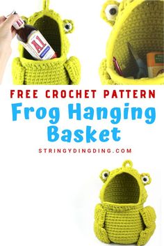 a crocheted frog hanging basket is shown with the words free crochet pattern