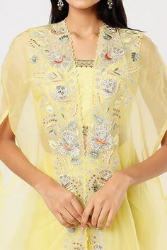 Yellow cape with sequin embellished, floral embroidered border. Comes with embroidered blouse and draped skirt. - Aza Fashions Draped Skirt Pattern, Diana Penty, Cape Sleeves, Draped Skirt, Lotus Design, Luxury Sale, Embroidered Blouse, Skirt Pattern, Modern Bride