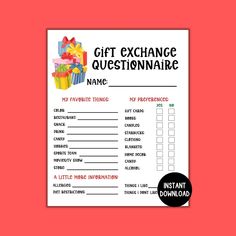 a printable gift exchange questionnaire with presents