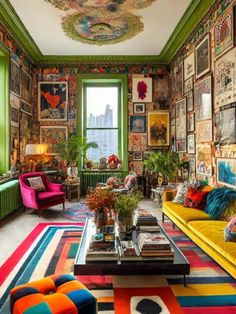 a living room filled with lots of colorful furniture and pictures on the wall above it