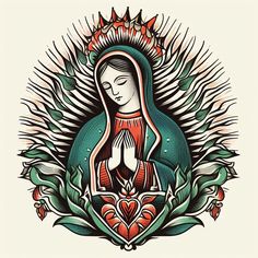 the virgin mary is surrounded by leaves and flowers, with an ornate border around it