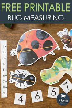 the printable bug measuring game is shown on a table with numbers and ladybugs