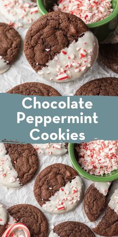 chocolate peppermint cookies with white frosting and candy canes