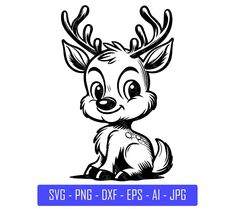 a black and white drawing of a deer with antlers on it's head