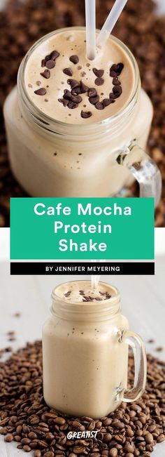 coffee mocha protein shake in a mason jar with chocolate chips on top and the words, cafe mecha protein shake