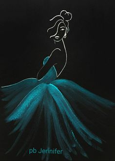 a drawing of a woman in a blue dress