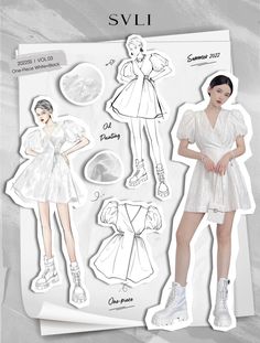 the paper doll is dressed in white and has several different outfits for her to wear