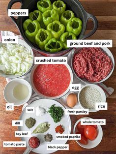 the ingredients to make stuffed peppers are shown in bowls