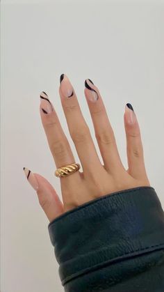 Elevate your work style with dark office nails! Discover chic colors, elegant designs, and tips to keep bold nails professional and office-appropriate. Black Minimalist Nails Almond, Minimalist Nails Black Lines, Acrylic Nails Line Designs, Black Nails Minimalist, Black Lines Nail Art, Nails That Match Black Dress, Almond Nails With Lines, Black Nails Inspo Almond, Hoco Nail Ideas Black