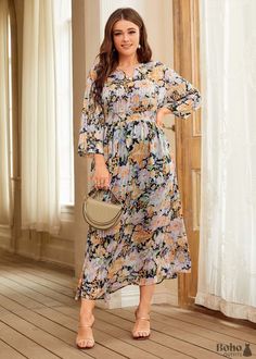 Try this Boho Plus Size Lunette Maxi Dress For Women this season! Floral print V-cutout at neck High wide elasticised/shirred waist Cropped length sleeves Cropped maxi/midi length (depending on height) Cold gentle hand wash recommended Fabric: Polyester SIZING GUIDE: Model wears Size 1XL, her approximate measurements are: Height: 173 cm, Bust: 104 cm , Waist: 80 cm, Hips: 110 cm PRODUCT MEASUREMENTS Size (CM) Shoulder Length Sleeve Length Waist Size Cuff 0XL 43.5 132.5/128 44.7 80 33.5 1XL 45 13 Plus Size Boho Clothing, Plus Size Fall Outfits Casual, Plisse Dress, Boho Plus Size, Plus Size Fall Fashion, Plus Size Fall Outfit, Trendy Plus Size Fashion, Chubby Fashion, Maxi Dress For Women