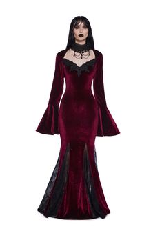 Widow Velour Lace Trim Maxi Dress - Dark Purple Gothic Plus Size Fashion, Vampire Dress Victorian, Priestess Outfit, Red Victorian Dress, Lace Gothic Dress, Feminine Goth, Punk Plaid, Vampire Dress, Occult Fashion