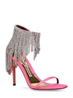 105mm Heel. Satin upper. Ankle strap with hook closure. Embellished with crystal fringe Alexander Vauthier Shoes, Crystal Fringe, Fringe Heels, Strappy High Heels Sandals, Strappy High Heels, Alexandre Vauthier, Pink Sandals, Embellished Sandals, Blue Sandals