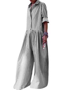 PRICES MAY VARY. Material: This women long sleeve plaid print jumpsuit is made of high quality polyester, soft, comfy, skin-friendly, breathable, lightweight and stretch. Great for Spring and Fall. Features: One piece outfit features turn-down collar, v neck, long sleeve, button-down closure, classic plaid print, casual style, loose waist, shapeless silhouette, extra long wide leg pant. Match: You can pair it with heels, sneakers, slippers, loafers and sandals for a fashionable and casual look. Occasion: This women wide leg rompers is perfect for daily wear, work, outdoor, vacation, shopping, parties, casual, beach, holiday or any occasions. It is a perfect gift for your mother, sister, girlfriend or wife on Mother's Day, Birthday, Anniversary. Size: Please refer to our size chart image (N Pant Overalls, Basic Maxi Dress, Plaid Jumpsuit, Maxi Dres, Shirt Dress Summer, Elegant Party Dresses, Long Jumpsuits, Casual Jumpsuit, Elegant Party