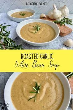 two bowls of roasted garlic white bean soup with rosemary garnish on the side