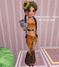 an animated image of a woman in a costume with flowers on her head, and the words time traveler from the stone age