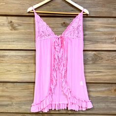 Hot Pink Sheer And Lace Nightie With Ruffles. Ties In The Front, Never Worn. Coquette Lace Trim Sleepwear For Loungewear, Feminine Cami Sleepwear For Night, Delicate Lace V-neck Sleepwear For Loungewear, Delicate Lace Sleepwear, Delicate Lace Sleepwear Camisole For Bedtime, Feminine Delicate Lace Sleepwear For Loungewear, Delicate Lace Sleepwear Camisole, Delicate Lace Camisole Sleepwear For Bedtime, Flirty Sleeveless Sleepwear For Loungewear