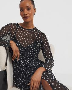 Add this lovely spotted print to your wardrobe for a subtle hint of detail. The dress features long sleeves with a curved neckline and and a midi length. Curved Neckline, Thermal Tights, Ruched Midi Dress, Matching Family Pajamas, Christmas Nightwear, Sports Skirts, Jd Williams, Loungewear Shorts, Sports Leggings