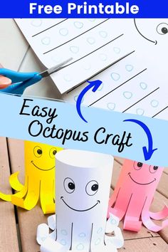 an octopus craft with the words easy octopus craft on it and two paper cups next to it