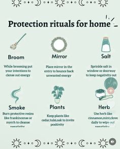 an info poster with the words protection rituals for home and other things to do