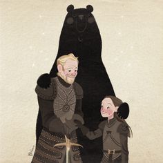 two people standing next to each other in front of a black bear and holding hands