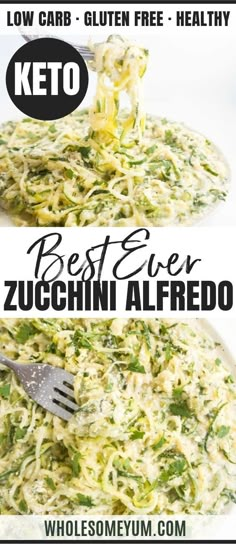 broccoli and zucchini alfredo on a white plate with the words low carb gluten free healthy