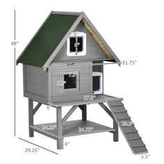 a dog house with stairs to the top and bottom floor, measurements for each pet