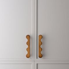 two wooden handles on white cabinets in a room