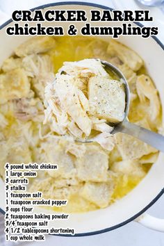 chicken and dumpling recipe in a white bowl with text overlay that reads cracker barrel chicken and dumplings