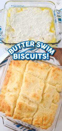 butter swim biscuits in a glass baking dish with the words butter swim biscuits