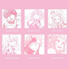 some anime characters with different expressions in pink and white ink on a light pink background