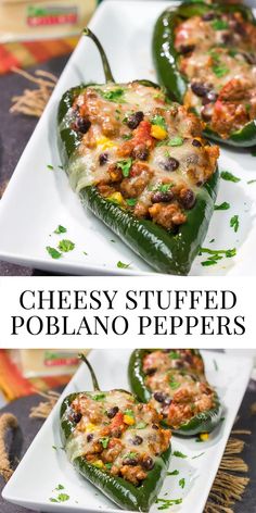 cheesy stuffed poblano peppers on a white plate with the title above it